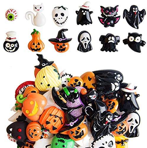 Kalolary 50 Stück Verschiedene Halloween Handwerk Harz Ornamente | Flatback Halloween Handwerk Verschönerung Harz Charms Zauberer Kürbis Geist Spinne Schädel Schloss Charms für das Basteln