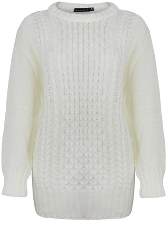 Generation Fashion New Ladies Women Long Sleeve Knitted Jumper Cable Knit Sweater Crew Neck Pullover Top Plus Size [Cream,16-18]