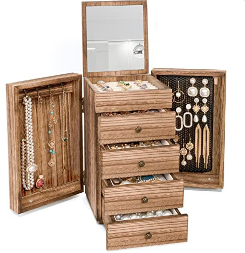 Meangood Schmuckkästchen aus Holz für Damen, 5-lagig, große Organizer-Box mit Spiegel und 4 Schubladen für Ringe, Ohrringe, Halsketten, Vintage-Stil, Fackelholz