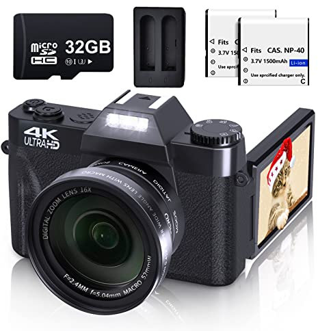 Appareil photo numérique pour photographie et vidéo VJIANGER 4K 48 MP Caméra de vlogging pour YouTube avec écran rabattable à 180°, zoom numérique 16x, grand angle 52 mm et objectif macro, carte TF 32