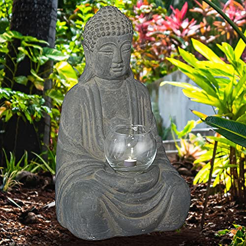 Cepewa Buddha mit Windlicht sitzend │ grau H 28cm Skulptur mit Teelichthalter │Feng Shui Gartenfigur