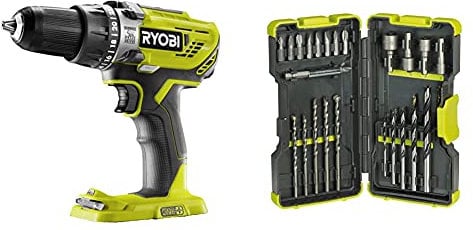Ryobi R18PD3-0 ONE+ 18V Cordless Compact Percussion Drill (Body Only) & RAK30MIX Mixed Drilling and Driving Bit Set, 30 Piece