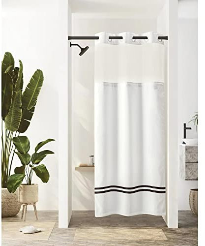 River Dream Stall Duschvorhang mit Einrastfutter, Keine Haken erforderlich, Duschvorhang für Badezimmer, Hotelqualität, maschinenwaschbar, 91,4 cm B x 188,9 cm H, weiß, mit schwarzen Streifen und