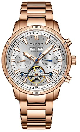 OBLVLO Herren-Automatikuhr Mechanisches Tourbillon Leuchtendes Edelstahlarmband Saphir 50M wasserdichte Kalenderwochenuhr 42mm cm-T (cm-T-PWP)