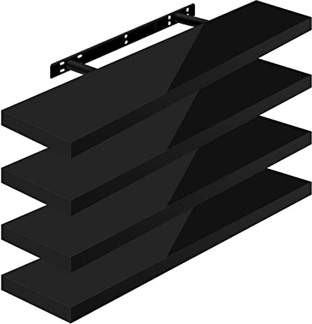 WOLTU Étagères Murales,Tablette Murale de Lot de 4, Étagère Flottante, Étagère à Livres, CD DVD, Panneau de Bois, 90x22,9x3,8cm, Noir, RG9481sz-4
