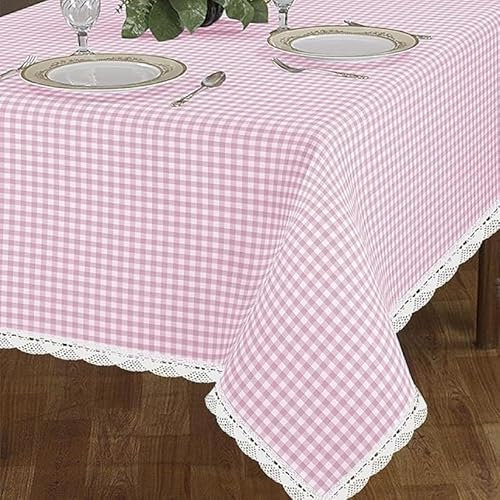 INTRECCI Tovaglia Amour 6 Posti, Rettangolare, in Cotone, 140x180 cm, Fantasia Quadri Scozzese, Orli Decorativi, 100% Cotone Oeko-Tex, Azo Free, Lavabile in Lavatrice, Colore: Rosa Melange