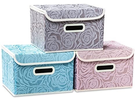 PRANDOM Aufbewahrungsbox mit Deckel,Rosenmuster Stoff Aufbewahrungskörbe,Dekorative Stapelboxen,Würfel,Faltbare Organizer,Behälter,Multicoloured(3 Stück) 25x20x17cm,Schlafzimme,Schrank