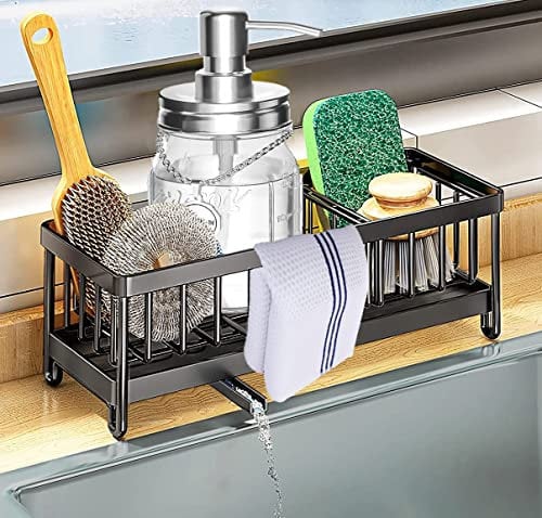 DMJWAN Kitchen Sink Caddy Organizer, 304 Stainless Steel Sponge Holder Sink Caddy for Dish Rags Brush Soap Scrubber with Auto Drain Tray (Black-a)
