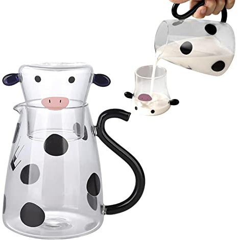 Glaskaraffe mit Tasse, 550/1800ml Niedliche Kuh Wasserkrüge Glas für Milch Saft Milch Kaffee Getränk Heiß Kalt Tee, Nachttisch Wasserkaraffe mit Becher Set, Glas Krug Karaffe für Haus Büro Hotel