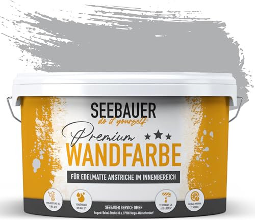 SEEBAUER diy Wandfarbe Grau 5L für Innen (No. 220 Grey Stone) Edelmatte graue Innenfarbe - Grautöne sehr hohe Deckkraft - Matt, Abwaschbar und Tropffrei