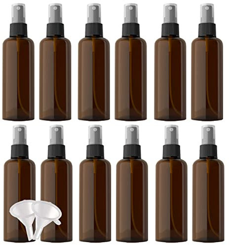 YANCAER 24 Pieces Brown 100ml Empty Plastic Perfume Spray Bottles with Black Sprayer Refillable Atomiser Bottles with 4 Pieces Funnels for Cleaning Travel