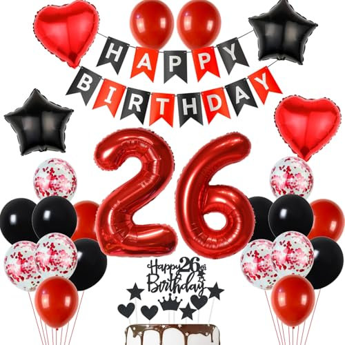 26 Geburtstag Deko Schwarzes Rot, Tortendeko 26. Geburtstag Dekoration Frau, Luftballon 26 Rot Schwarz Mann, Geburtstagsdeko 26 Jahr Frau, Tortendeko 26 Jahre