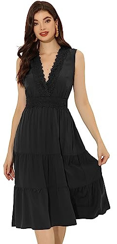 Allegra K Damen Sommerkleid Ärmellos V-Ausschnitt Spitzeneinsatz Lässiges Midi Kleid Schwarz S