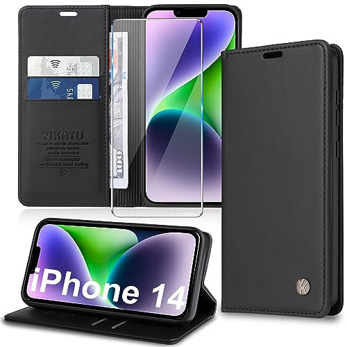 Handyhülle für iPhone 14 Hülle [mit Schutzfolie][Premium PU Leder] Klapphülle Ständer Kartenfach Magnetic Flip Case Cover Etui Tasche Schutzhülle für iPhone 14 6.1“