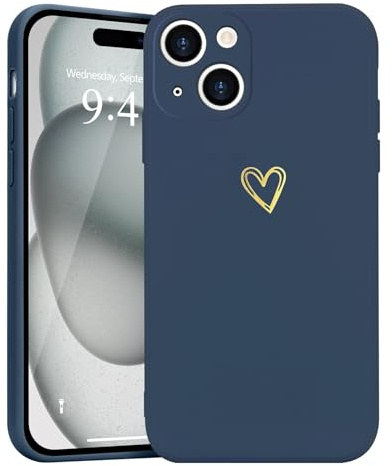 Wirvyuer for iPhone 15 Phone Case Cute Heart Pattern Soft Shockproof Protective Silicone Phone Case for Women Girls, Navy Blue