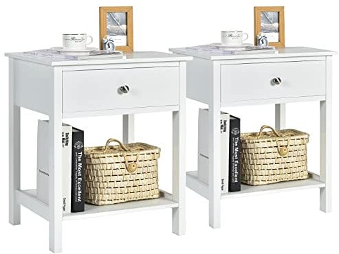 KOMFOTTEU Nachttisch mit Schublade, Beistelltisch aus Holz im modernen Stil, 2-stufiger Nachttisch mit offenem Regal, für Schlafzimmer, Wohnzimmer, 48 x 40 x 58 cm (weiß x 2)
