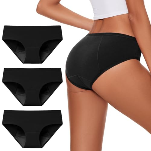 Molasus Period Underwear for Women Washable Incontinence Pants High Absorbency Protective Menstrual Knickers Ladies Postpartum Bladder Control Leakproof Cotton Briefs Multipack Black Large