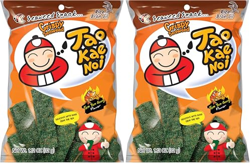 Tao Kae Noi Crispy Seaweed Snack Tom Yum Goong, Algensnack mit Garnelengeschmack, 32 g (Packung mit 2)