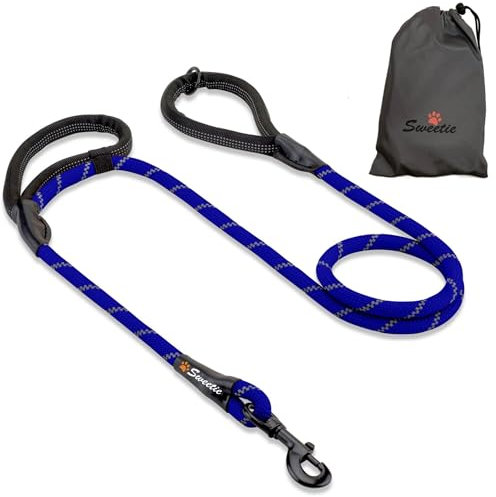 Rope Dog Lead, Strong Leash, 2 Padded Handles 5 FT - Medium, Large Dogs - Reflective, Weather Resistant. Nautical Navy Blue
