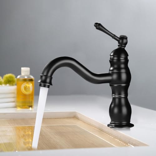 KEESUNG Robinet de lavabo rétro vintage - Noir mat - Haut - Mitigeur monocommande en laiton pour salle de bain et toilettes