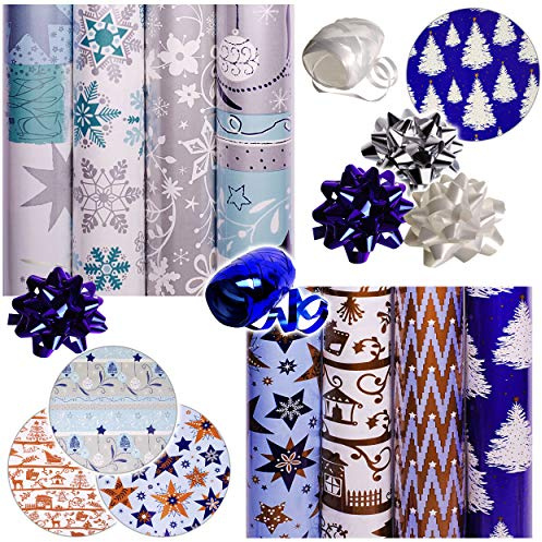 alles-meine.de GmbH 13 TLG. XXL Set: Geschenkpapier - Weihnachten - 4 Rollen + 7 Schleifen + 20 m Schleifenband - edel - blau, weiß & Silber - Geschenkschleifen - Geschenkpapiers..