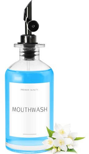 Distributeur de bain de bouche en verre transparent avec bec verseur en acier inoxydable, bouteille rechargeable avec étiquettes imperméables, décoration de ferme, 340,2 g, bec verseur noir