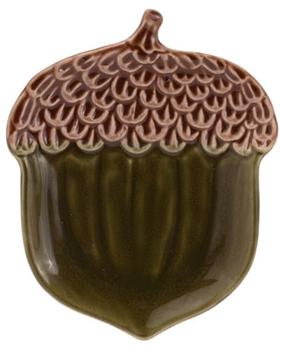 Boston International Ceramic Plate Fall Autumn Thanksgiving Acorn-Shaped Serving Dish, 6.75 x 5.5, Olive Green Acorn