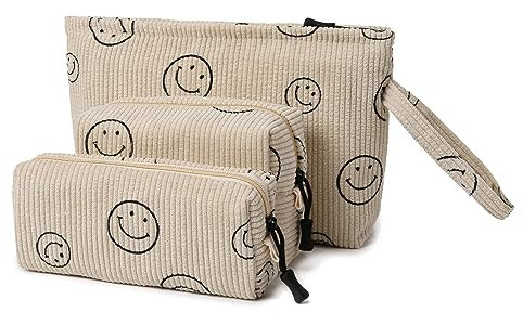 Jiliyote Kosmetiktasche für Damen Set Cord Samt Kulturbeutel Kleine Cord Kosmetiktasche Damen Schminktasche Lächeln Schminktasche Reise Kosmetiktasche Mädchen, beige