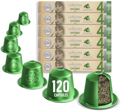 La Natura Lifestyle Lot de 120 capsules de thé à la menthe poivrée en capsules en aluminium - Compatible avec les machines à capsules Nespresso®³ - 100% recyclable - Thé à la menthe poivrée exquis et