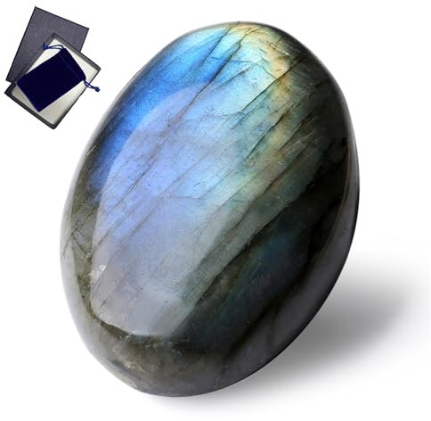 GUJOXILA 2.4 Groß Labradorit Kristalle Edelsteine Oval Sorgensteine Heilsteine Steine Natürliche Poliert Palme Stein Chakra Reiki Balancing Energiestein 1PC
