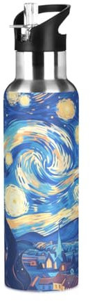 Niigeu Rétro Van Gogh Nuit Étoilée Bouteille d'eau Isotherme avec Paille en Acier Inoxydable Gourde, Sans BPA Gourdes Eau pour Enfant Sport Randonnée École Bureau (600ml/1L)