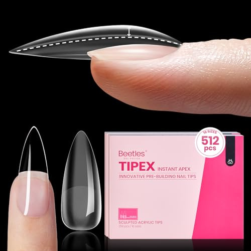 Beetles Tipex Instant Apex Nail Tips, 512PCS Medium Stiletto Pre-Built Apex Pre-Etched Acrylic Nail Tips, Strong Thick Full Well Nail Extension Tips, 16 Sizes