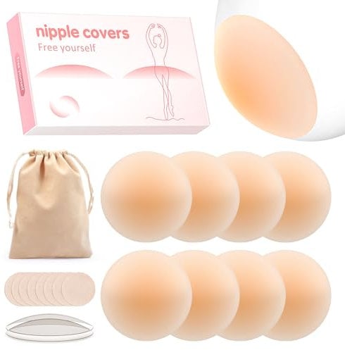 Septeamay Premium Nippelpads, Selbstklebende Nipple Cover für Damen, Dünne Selbstklebende Nipple Pads [8cm] Waschbar & Wiederverwendbar, Hypoallergenic Brustwarzenschutz Silikon mit Tasche - 8 Stück