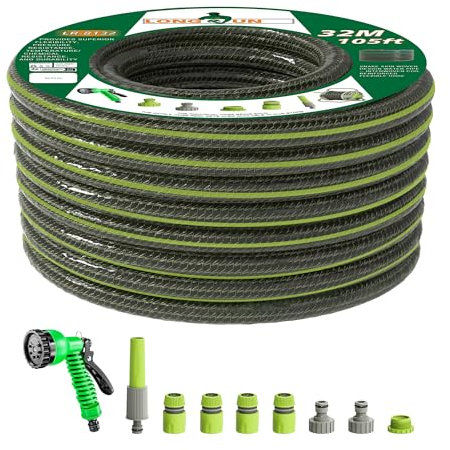LONGRUN Gartenschlauch, 32m Flexibles Teichrohr, PVC-Wasserrohr mit 16mm Innendurchmesser, mit 7 Düsenarten & Komplettem Set, Knickfreies, Auslaufsicheres Design