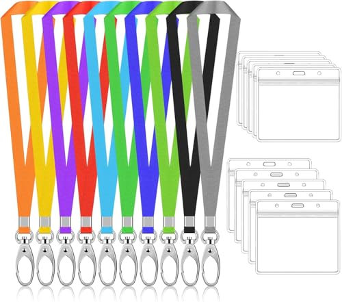 10 Sets Porte Badge Tour de Cou, 10 Pcs Porte Carte Cou avec 10 Pcs Cordon, Nylon Sangle de Cou avec Crochet Pivotant, Étanche Transparent Plastique Porte Cles pour Bureau École (Horizontal)