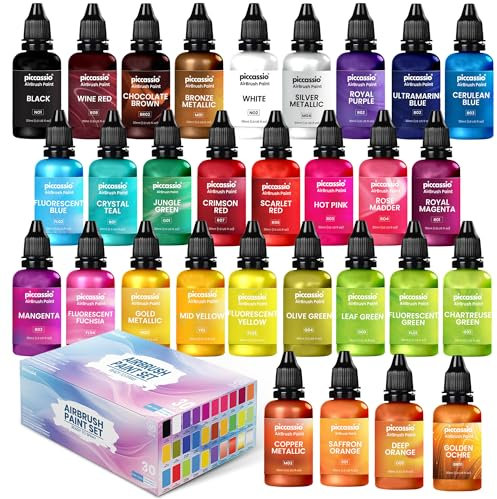 Airbrush Paint, 30 Water-Based, Quick-Drying Colors for Artists & Beginners, Ideal for Wood, Ceramic, Paper, Plaster, Canvas, Plastic (30 ml/bottle)