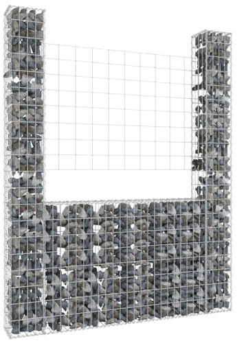 AUVYI Panier en pierre, décoration de jardin, terrasse, en forme de U, avec 2 colonnes, 140 x 200 x 200 cm, plate-bande surélevée, mur de gabion, terrasse, colonne de gabion, construction stable,