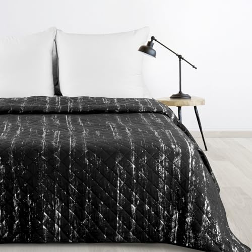 Design91 Tagesdecke mit Marmor-Muster in Schwarz und Silber, 220 x 240 cm, dekorativer Bettüberwurf für Doppelbett