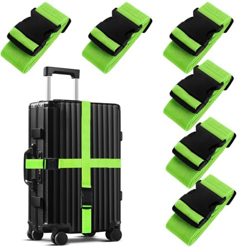 LOPYXBR 6er-Set Premium Koffergurt, 5x200cm Nylon Kofferband, Grün Luggage Strap, Robuster Koffer Gurtband, Strapazierfähiger Kofferbänder für Koffer, Gepäck