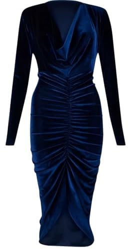 Women's Velvet Ruched Bodycon Midi Dress Ladies Long Sleeve Cowl Neck Front Ruched Party Wear Fancy Dress Navy-8-10
