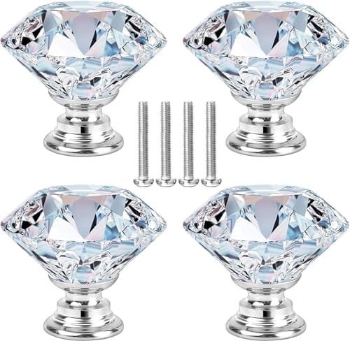 Makloee Drawer Knobs, 4Pcs Cabinet Knobs with 4 Screws, 20mm Drawer Handles Crystal Glass Diamond Shaped Cupboards Door Knobs for Wardrobes Drawers Bathroom Cabinet(Silver)