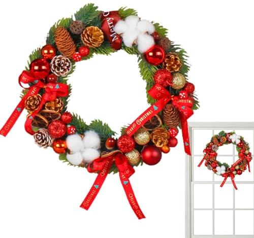 Corona de Navidad para puerta, corona de vegetación artificial con conos de pino, lazos, bolas, guirnalda de Navidad para decoraciones navideñas en interiores y exteriores, corona colgante festiva