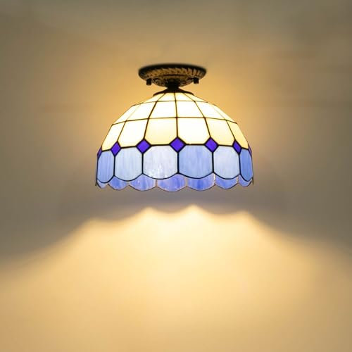 YISSALE Tiffany Deckenleuchte Stil Deckenlampe Bunt Deckeneinbauleuchte Deckenlampe Beleuchtung E27 Leuchte Rund für Wohnzimmer Schlafzimmer Esszimmer (Weiß Blau)