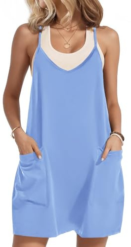Zeagoo Latzrock Damen V Ausschnitt Spaghettiträger Latzkleid Ärmellos Kurz Overall Kleid Einfarbig Casual Minikleider Freizeitkleider mit Taschen S-XXL
