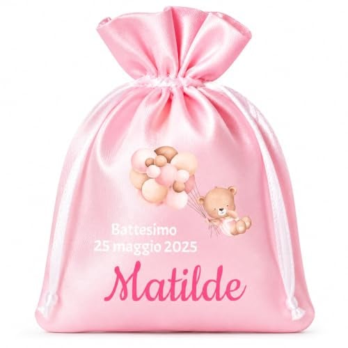 Cormar 12 Pezzi Sacchetti Rosa Bomboniere Personalizzati per Nascita,Battesimo, Primo Compleanno , misura 9x12 cm, Porta Confetti in Tessuto con chiusura Nastrino ORSETTO