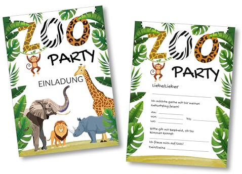 Einladungen zum Kindergeburtstag – 12 Stück, DIN A6 – Einladungskarten zum Geburtstag für Mädchen und Jungen – Party Karten für Kids und Teens – Kinder Einladungen zum Beschriften – (ZOO)