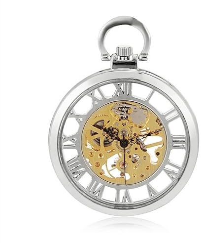 TruClothing Mechanical Skeleton Open Face Silver Pocket Watch with Chain