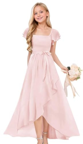 Robes de fille de fleur à manches volantées ourlet asymétrique mariage demoiselle d'honneur - Robes de princesse pour concours de beauté fête d'anniversaire - Robes de bal formelles pour enfants, rose