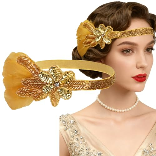 Ypkia 1920er Jahren künstlichen Feder Stirnband Damen 20er Jahre Flapper Charleston Haarband Great Gatsby-Stil für Party Karneval Fasching Kostüm Accessoires (Gold)