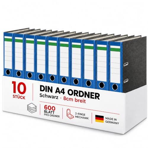 Conipa Ordner A4 Breit 8 cm, 10 Stück, Farbsortiert, für bis zu 600 Blatt | Robuste Aktenordner mit 2-Ring-Hebelmechanik, Griffloch und Recyclingkarton – für Büro, Schule & Homeoffice, Made in Germany